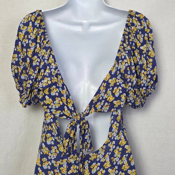 Forever 21 Blue Floral Puff Sleeve Cutout Dress L - Picture 10 of 11
